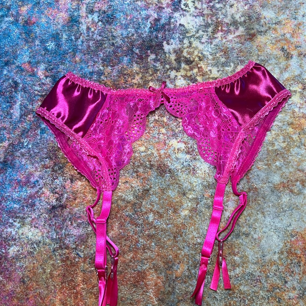Lace Trim Satin Garter Belt - Pink